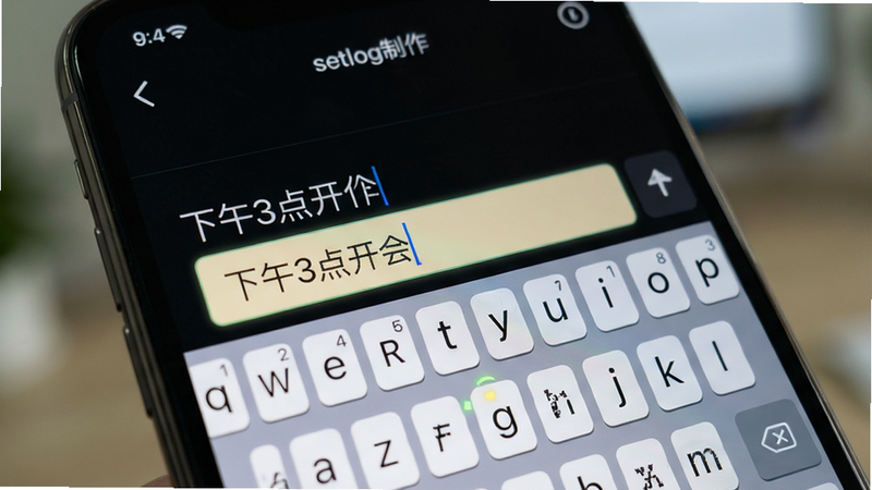 手机屏幕特写,显示“setlog制作”的输入界面,键盘已唤起,光标闪烁,上方有一条刚输入的简短文本“下午3点开会”,界面简洁,高亮显示输入框,背景虚化处理,突出操作便捷性,写实风格,高清细节