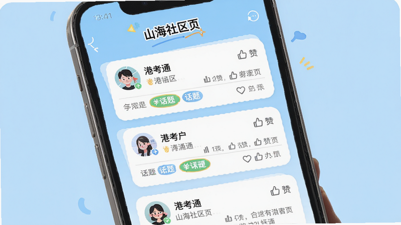 手机界面展示“港考通”山海社区页,主体为瀑布流布局,显示用户发帖卡片,背景浅蓝色,卡片带头像与点赞数,排版活泼,风格年轻化,细节处有话题标签,画质高清,干净无杂乱元素,文字内容模拟用户讨论。