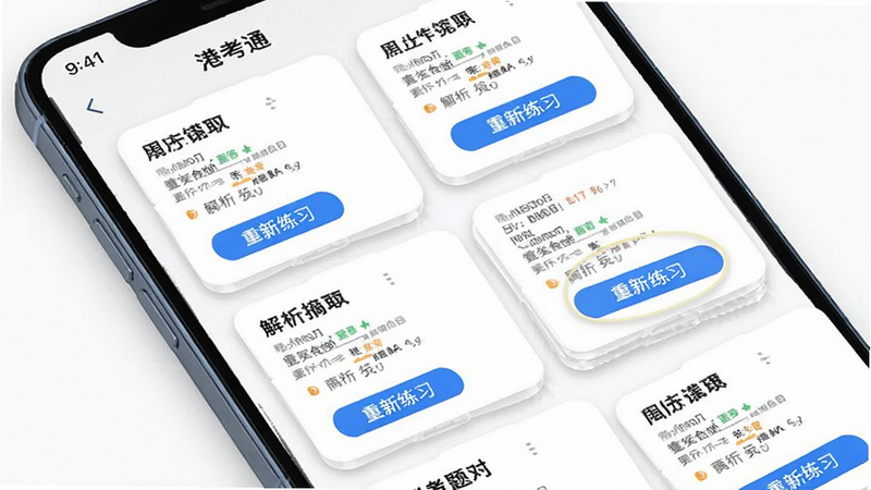 手机界面展示“港考通”错题本功能页,主体为卡片式布局,每张卡片显示一道错题及其解析摘要,背景白色,卡片带阴影效果,突出立体感。排版错落有致,风格简洁专业,细节处有“重新练习”按钮,画质清晰,干净无杂乱元素,文字排版规范。