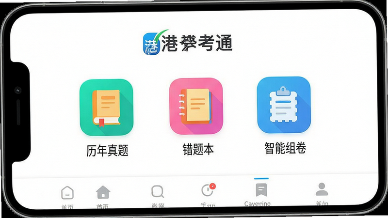 手机屏幕展示“港考通”App首页界面,主体为白色背景,顶部显示应用Logo,中间区域清晰列出“历年真题”、“错题本”、“智能组卷”三个核心功能入口图标,图标设计扁平化且色彩鲜明,底部有导航栏。整体布局整洁有序,风格现代简约,细节处体现科技感,画质高清,干净无多余元素,文字清晰可见。