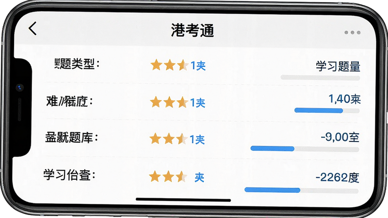 手机界面展示“港考通”题库列表页,主体为列表式布局,每行显示题目类型、难度星级及剩余题量,背景为浅灰色,文字黑色,重点数据用蓝色高亮。排版整齐,风格清晰易读,细节处有进度条指示学习进度,画质细腻,无多余装饰,文字内容模拟真实题库数据。