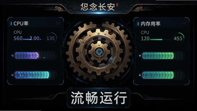 主体为一念长安性能监控界面,布局为仪表盘样式,展示CPU和内存使用率,布局中心对称,风格为科技感与古风融合,细节包含齿轮转动和能量条填充,画质锐利,干净,文字