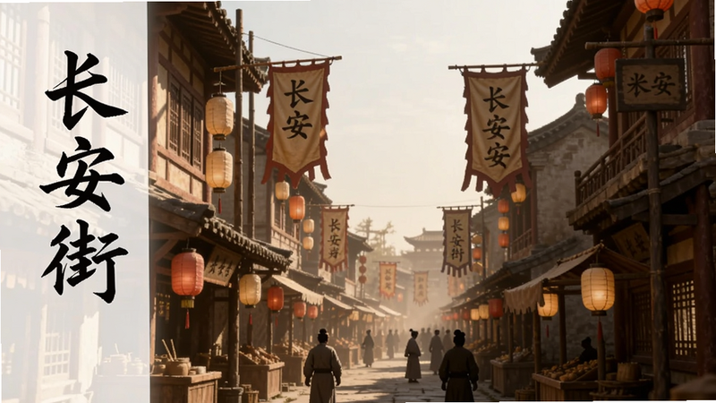 主体为一念长安内部场景截图,布局展示一条繁华街道,两侧是典型的唐代商铺,布局纵向延伸,风格为写实古风,细节包含灯笼、幌子和行人剪影,画质细腻,干净,文字