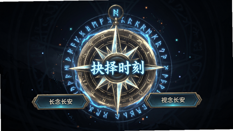 主体为一念长安剧情选择界面,布局中心是一个发光的罗盘,周围环绕三个选项按钮,布局呈三角形分布,风格为神秘玄幻,细节包含符文流动和光效粒子,画质高,干净,文字