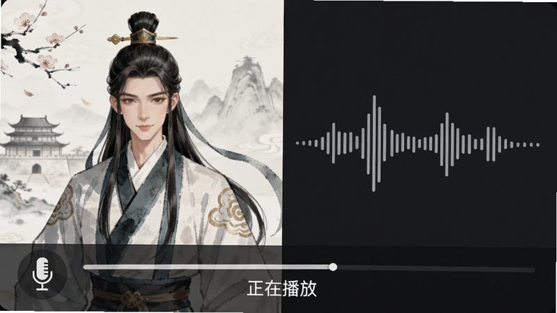 主体为一念长安语音播放界面,布局左侧是角色立绘,右侧是声波图,布局左右分割,风格为现代简约与古风结合,细节包含麦克风图标和播放进度条,画质清晰,干净,文字