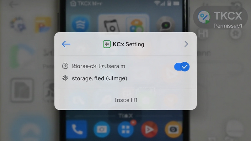 TKCX H1 手机界面截图,显示权限设置对话框,用户勾选存储权限,背景模糊,突出前景操作,高清,真实感