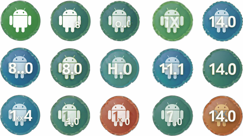 TKCX H1 兼容性列表图标,展示Android 8.0到14.0的版本徽章,排列整齐,背景白色,清晰易读,高清