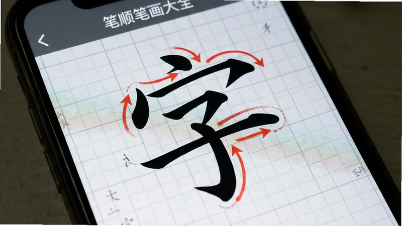 �ֻ���Ļ��д����ʾ����˳�ʻ���ȫ��APP�ڵĺ��֡��֡��Ķ�̬��˳��ʾ���棬��ɫ��ͷָʾ��ǰ�ʻ����򣬱���Ϊǳ��ɫ����ֽЧ����ͻ����д�켣������������ϸ�ڷḻ��������Ԫ��