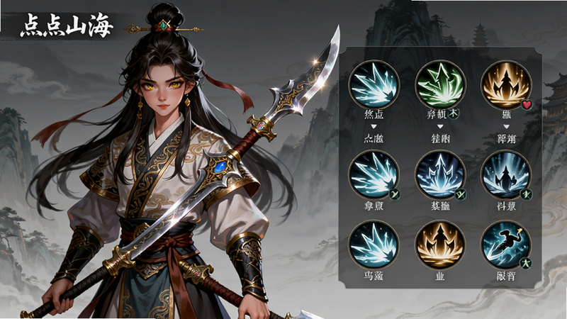 主体为《点点山海》角色展示页,布局为左侧角色立绘右侧技能图标栏,排版清晰,风格为高精国风插画,细节刻画角色服饰纹理与武器光泽,画质8k分辨率,干净背景,角色眼神灵动,整体氛围神秘而宏大