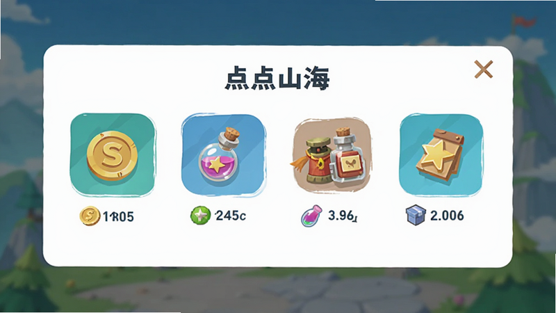 主体为《点点山海》资源获取界面,布局为简洁弹窗式,排版突出资源图标与数量,风格为扁平化设计,细节清晰展示金币、经验药水等道具,画质明亮清晰,干净的浅色背景,强调轻松获取资源的愉悦感,无复杂特效
