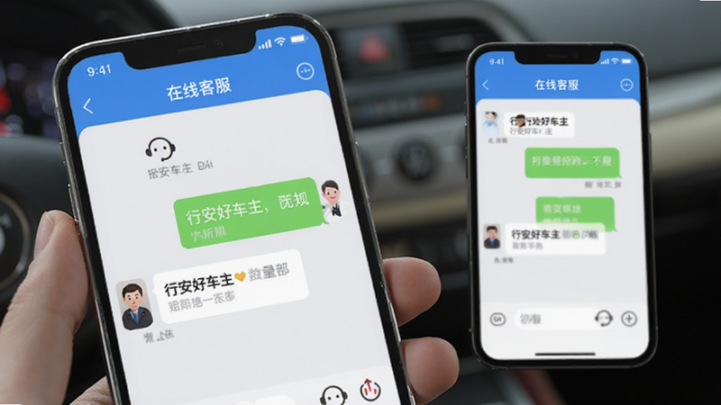 展示手机屏幕上“行安好车主”APP的“在线客服”聊天界面,背景为浅色,聊天气泡清晰可见,布局规整,风格友好亲切,细节柔和,画质清晰,无干扰元素