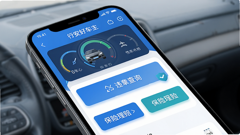 一张展示“行安好车主”APP整体界面的概念图,主体为智能手机屏幕,显示着清晰的车辆状态仪表盘、违章查询入口和保险理赔快捷按钮,布局整洁有序,采用扁平化设计风格,色调以科技蓝和白色为主,细节处有柔和的光影效果,画质高清,干净无多余元素
