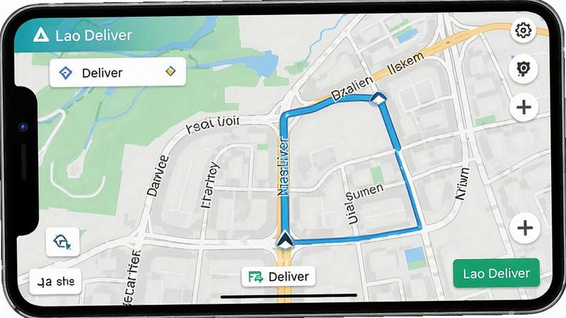 ����ΪLao Deliver�������棬������ʾʵʱ��ͼ��·�߹켣���Ű���ֱ�ۣ����дʵ��ϸ�ڰ�����·���Ʊ�ע�������ʾ�����ʸ��壬�ɾ��޶���Ԫ��