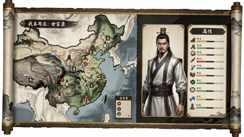 主体为《我本布衣:世家录》游戏主界面,布局采用古风卷轴展开式设计,左侧显示家族势力地图,右侧为角色立绘与属性面板,排版整洁有序,风格为写实国风,细节包含精致的水墨纹理与金色边框装饰,画质4k高清,干净无多余元素,文字标签清晰可见