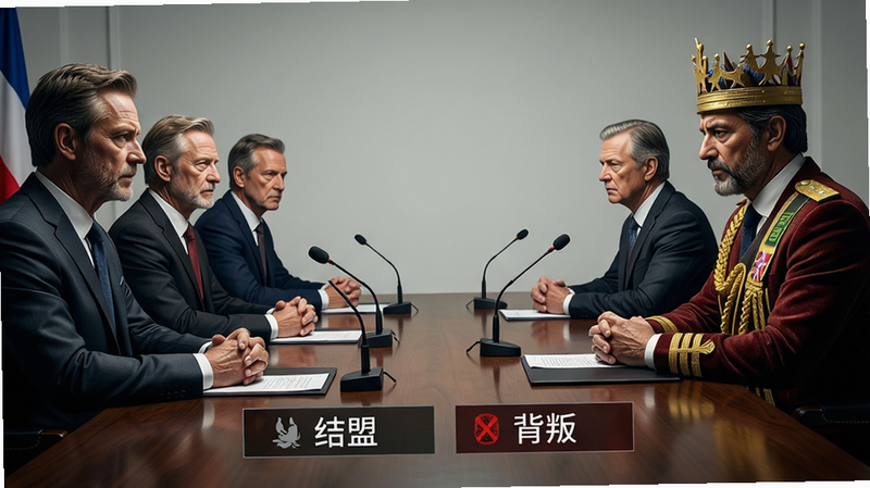 主体为外交谈判场景,布局为左右对峙构图,左侧为本方使团,右侧为敌国君主,中间为谈判桌,排版具有戏剧张力,风格为电影级光影渲染,细节刻画人物微表情与服饰质感,画质逼真,干净背景,文字标注“结盟”与“背叛”选项