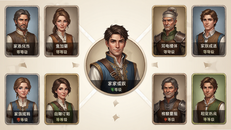 主体为家族成员招募与养成界面,布局为中心辐射状,中间为主角形象,周围环绕不同职业的成员卡片,排版对称平衡,风格为半写实插画,细节展示角色服饰与表情特征,画质精细,干净无杂物,文字显示角色名称与等级