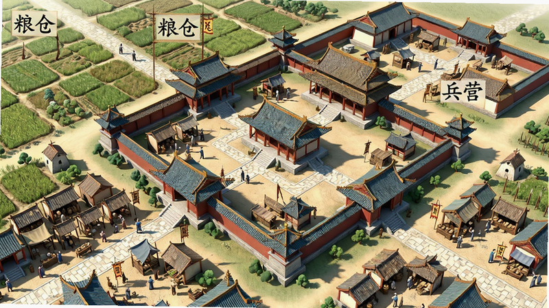 主体为繁华古代城池俯瞰图,布局为鸟瞰视角,中心为皇宫建筑群,四周分布农田、市集与兵营,排版错落有致,风格为工笔画与3D渲染结合,细节展示建筑飞檐与市井生活气息,画质清晰,干净无遮挡,文字标注“粮仓”与“兵营”