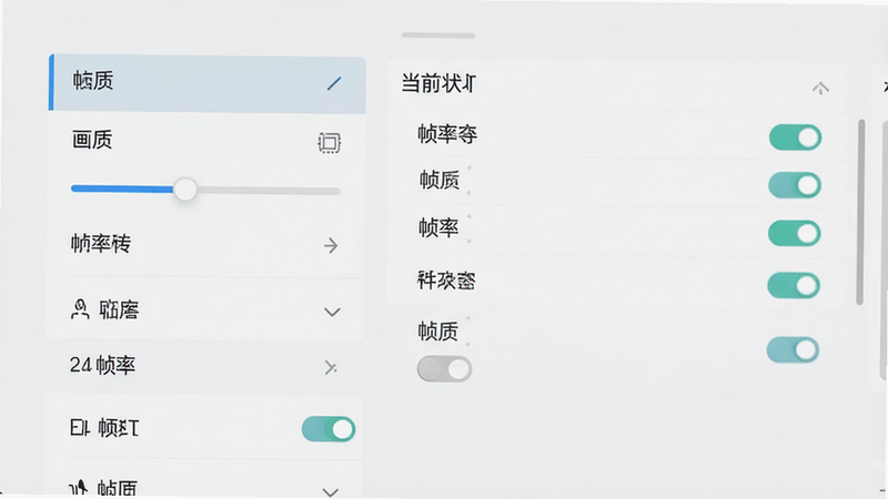 主体为游戏设置界面,布局为列表式排版,左侧为功能选项列表,右侧为当前设置状态预览,风格简洁现代,细节展示滑块与开关控件,画质清晰,干净背景,文字标注“画质”与“帧率”