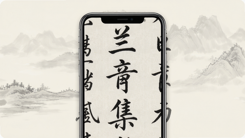 高清书法碑帖APP界面展示,主体为手机屏幕显示王羲之《兰亭集序》局部放大图,背景为淡雅水墨风,布局居中,排版整洁,风格国风简约,细节清晰,画质8k,干净,无多余元素