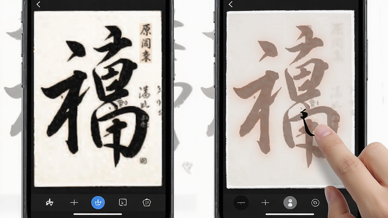 书法碑帖APP临摹功能演示,屏幕左侧显示原帖,右侧显示半透明描红字,手指正在触控书写,界面底部有工具栏,布局左右分屏,风格简洁实用,细节清晰,画质高清,干净,无多余元素