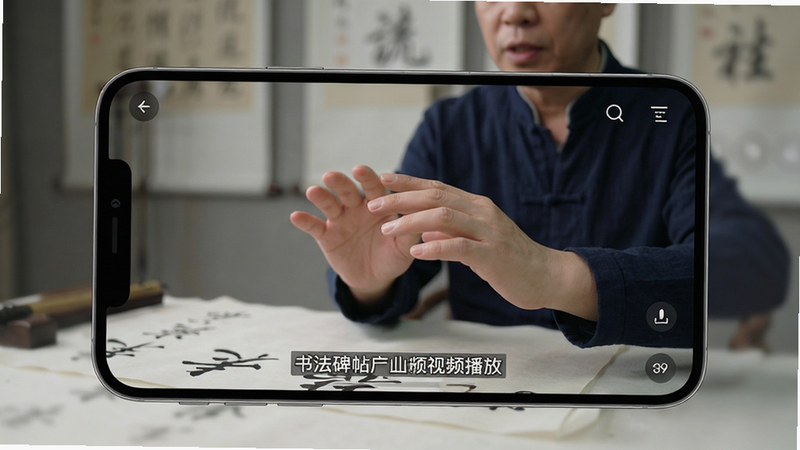 书法碑帖APP视频播放界面,屏幕显示书法老师讲解手部动作的特写,字幕清晰可见,背景虚化,布局聚焦视频主体,风格专业教育,细节生动,画质高清,干净,无多余元素