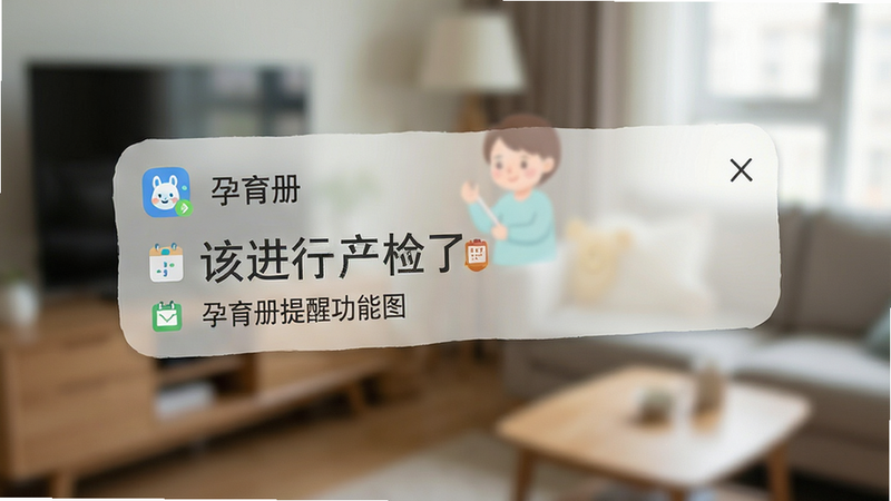 一张手机通知栏的特写图,显示“孕育册”APP发出的提醒消息,内容为“该进行产检了”,背景为模糊的家居环境,主体清晰,风格生活化,细节真实,画质高清,干净无干扰元素,alt属性为“孕育册提醒功能图”