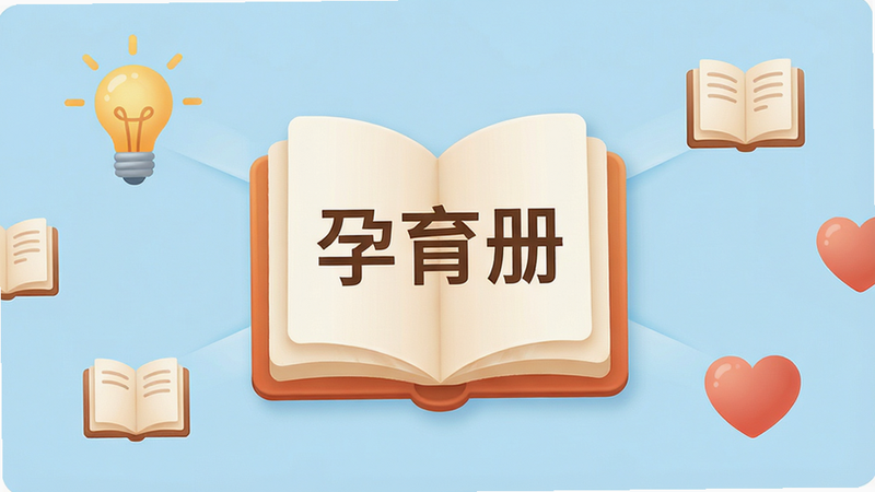一张展示“孕育册”APP知识库页面的概念图,背景为浅蓝色,中间是一个打开的书本图标,书本上写着“孕育册”,周围环绕着代表知识的灯泡、书本和爱心图标,布局平衡,风格温馨教育风,细节精致,画质超清,干净无多余装饰,alt属性为“孕育册知识库图”