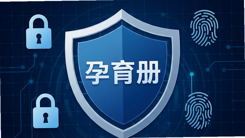 一张盾牌形状的图标,盾牌中心写着“孕育册”,盾牌周围有锁头和指纹识别图案,背景为深蓝色科技感网格,布局紧凑,风格安全可信,细节锐利,画质8k,干净无多余线条,alt属性为“孕育册安全保护图”