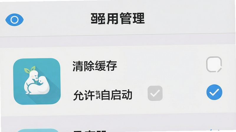 一张手机设置界面的示意图,显示“应用管理”列表,其中“孕育册”图标高亮,旁边有“清除缓存”和“允许自启动”的勾选标记,背景为浅灰色,布局清晰,风格扁平化,细节明确,画质高清,干净无多余图标,alt属性为“孕育册设置指导图”
