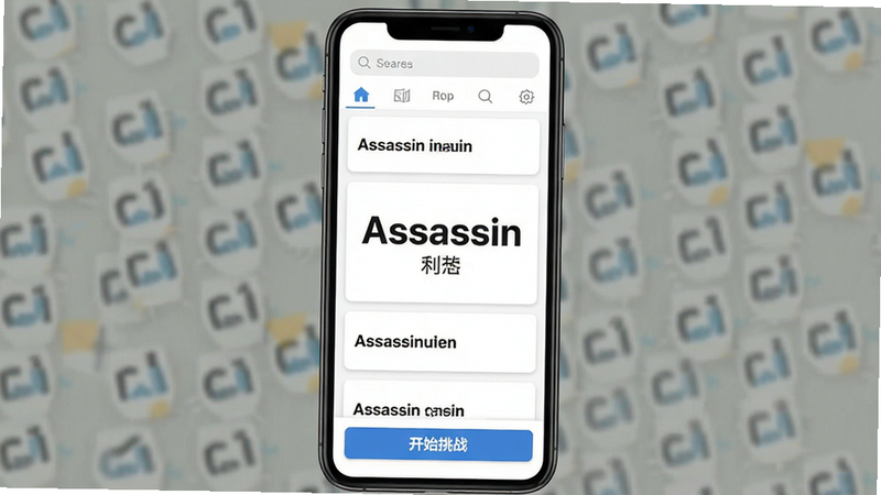 一张展示单词刺客APP主界面的手机屏幕渲染图,主体为白色背景上的单词卡片列表,布局整齐,顶部有搜索栏和导航栏,中间显示一个巨大的英文单词“Assassin”及其中文释义,底部有“开始挑战”按钮,风格扁平化,细节清晰,画质高清,干净无多余元素