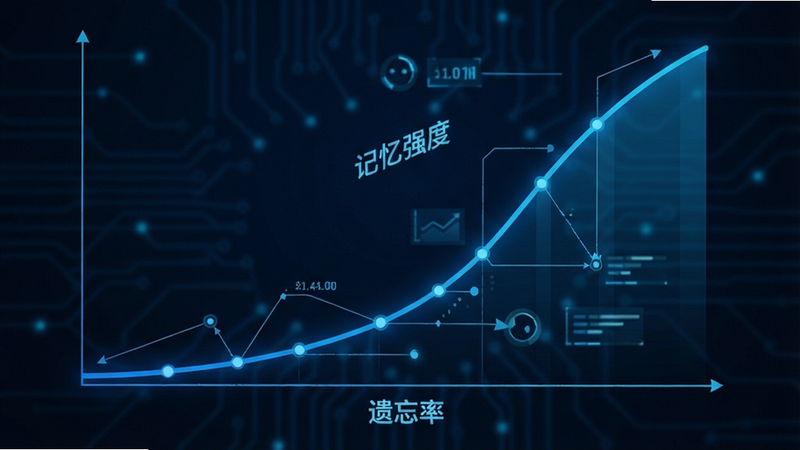 一张展示单词刺客记忆算法原理的示意图,主体为一条向上攀升的曲线,布局中心对称,曲线下方标注“遗忘率”,上方标注“记忆强度”,风格科技感蓝色调,细节包含数据节点和连线,画质高清,干净无多余元素