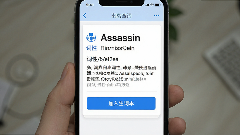 一张展示单词刺客查词界面的手机截图,主体为一个单词详情卡片,布局居中,显示单词“Assassin”、音标、词性及释义,下方有“加入生词本”按钮,风格白色背景蓝色点缀,细节包含字体大小对比和图标设计,画质高清,干净无多余元素