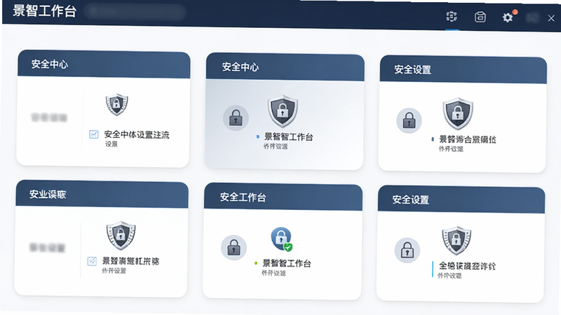主体为景智工作台的安全设置界面,布局为卡片式,排版规整,风格严肃专业,细节显示锁形图标与加密标识,画质高清,干净,无多余元素,包含文字