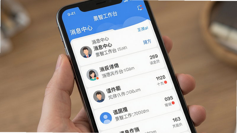 主体为手机屏幕界面,展示景智工作台的消息列表页,布局清晰,排版为列表形式,风格扁平化设计,细节显示未读红点与头像,画质清晰,干净,无多余元素,包含文字
