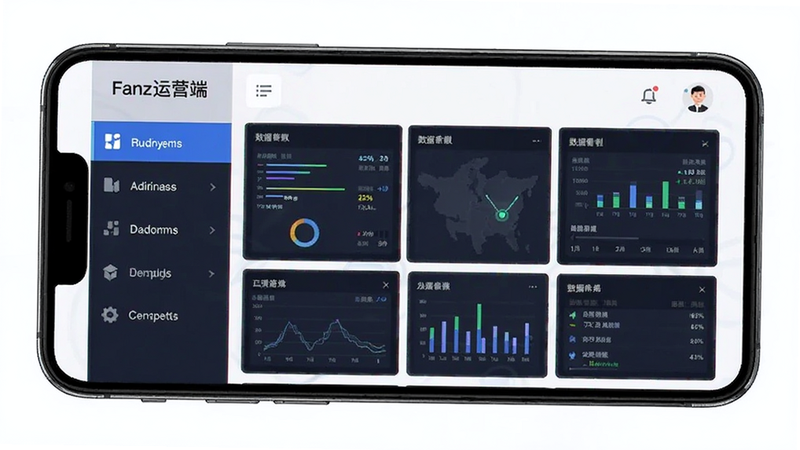 主体为Fanz运营端安卓手机版界面展示,布局采用左右分栏设计,左侧为功能导航栏,右侧为数据看板,排版整齐,风格为现代扁平化商务风,细节包含清晰的图标与高对比度文字,画质高清,干净,无多余元素,文字