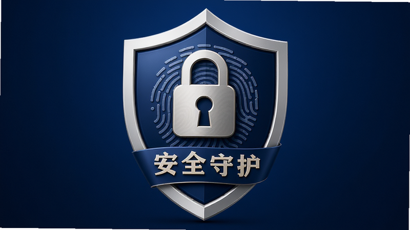 主体为安全防护盾徽标,布局居中,背景为深蓝色渐变,排版庄重,风格专业信任感,细节包含锁形图标与指纹纹理,画质细腻,干净,无多余元素,文字