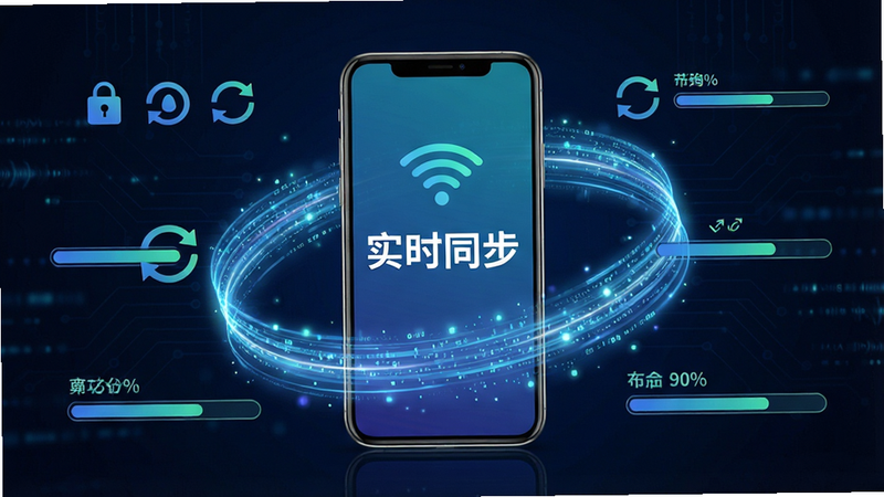 主体为数据同步示意图,布局中心为手机屏幕,周围环绕流动的数据光带,排版对称,风格科技感强,细节包含同步图标与进度条,画质清晰,干净,无多余元素,文字