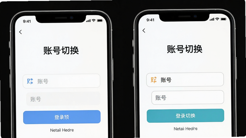 主体为多账号切换示意图,布局为两个手机屏幕对比,排版左右对称,风格简洁明了,细节包含登录按钮与账号输入框,画质高清,干净,无多余元素,文字