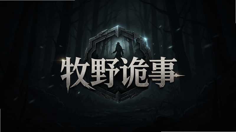 主体为‘牧野诡事’应用启动界面,布局居中展示Logo,排版简洁大气,风格为暗色调悬疑风,细节包含微弱的光效与纹理,画质高清,干净无多余元素,文字‘牧野诡事’清晰可见
