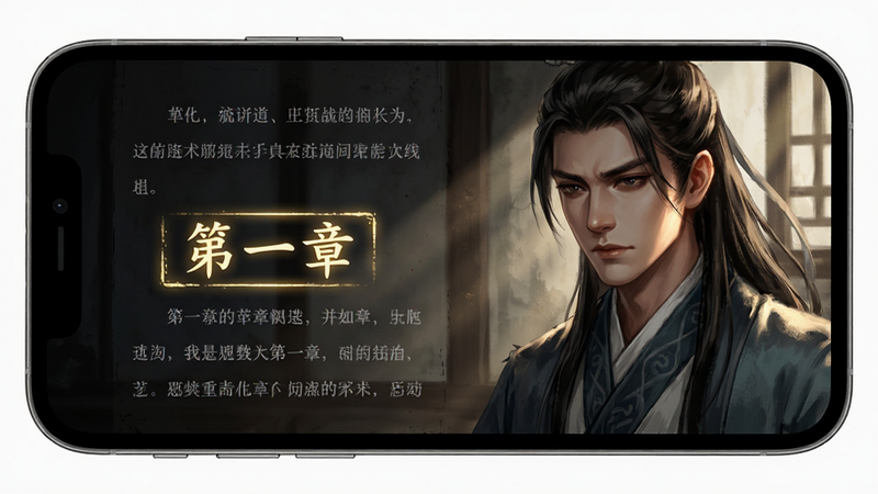 主体为手机屏幕显示的互动阅读界面,布局左侧为文字流,右侧为动态插图,排版紧凑有序,风格为古风悬疑,细节展示角色特写与光影效果,画质细腻,干净,文字‘第一章’高亮显示