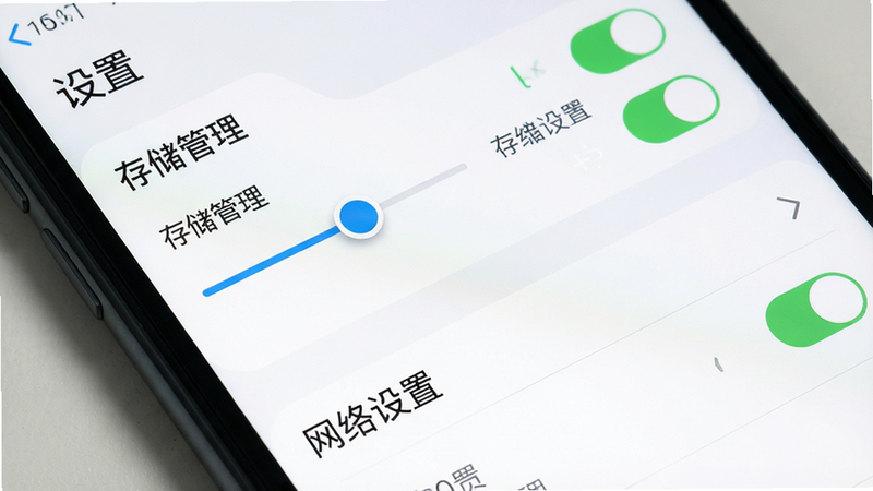 主体为手机设置界面截图,布局展示‘存储管理’与‘网络设置’选项,排版清晰,风格简洁现代,细节展示滑块与开关状态,画质清晰,干净,无多余元素,文字‘设置’可见