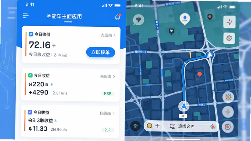 主体为全能车主端应用的高清界面展示图,布局采用左右分栏结构,左侧显示实时订单列表,右侧显示地图导航预览,排版整齐,风格为现代扁平化UI设计,细节处体现蓝色科技色调与白色卡片背景,文字清晰可见包含“立即接单”、“今日收益”等字样,画质4k,干净,无多余元素