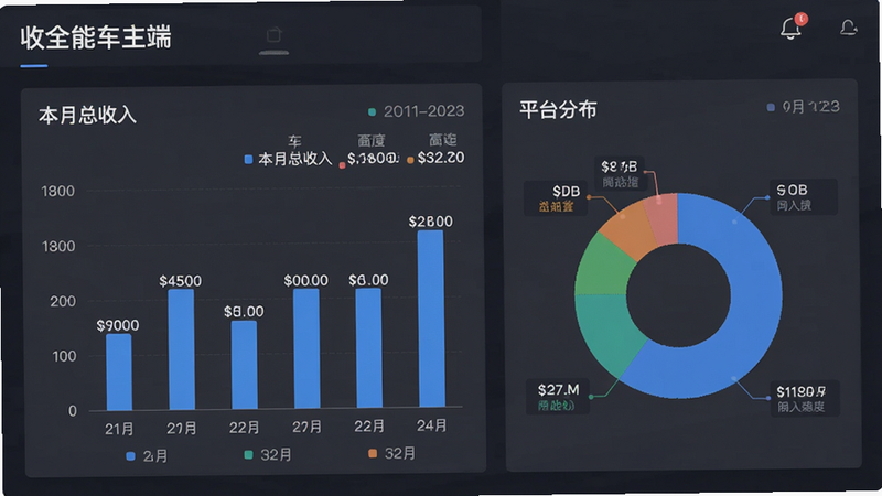 主体为全能车主端的收益统计报表界面,布局采用图表化展示,包含柱状图与饼图,排版清晰有序,风格为商务简约风,细节处显示具体的金额数字与日期区间,文字清晰标注“本月总收入”、“平台分布”,画质清晰,干净,无多余元素