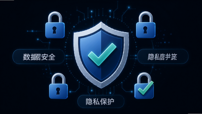 主体为全能车主端的安全认证标识图,布局中心为一个盾牌图标,周围环绕着锁形符号与对勾,排版简洁对称,风格为科技安全风,细节处显示“数据安全”、“隐私保护”、“官方认证”等文字,画质高清,干净,无多余元素