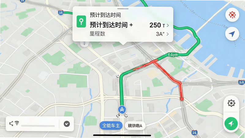 主体为全能车主端的智能导航地图界面,布局为全屏地图视图,上方悬浮订单卡片,排版紧凑且信息层级分明,风格为写实地图与扁平UI结合,细节处显示绿色路线轨迹与红色拥堵路段标识,文字清晰显示“预计到达时间”、“里程数”,画质细腻,干净,无多余元素
