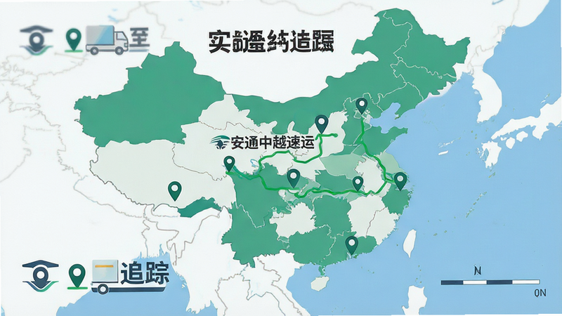 一张物流轨迹地图示意图,主体为中国至越南的路线,布局为地图背景,排版简洁,风格扁平化,细节包含绿色轨迹线、定位图标以及“安通中越速运”字样,画质高清,干净,无多余装饰,文字“实时追踪”加粗显示