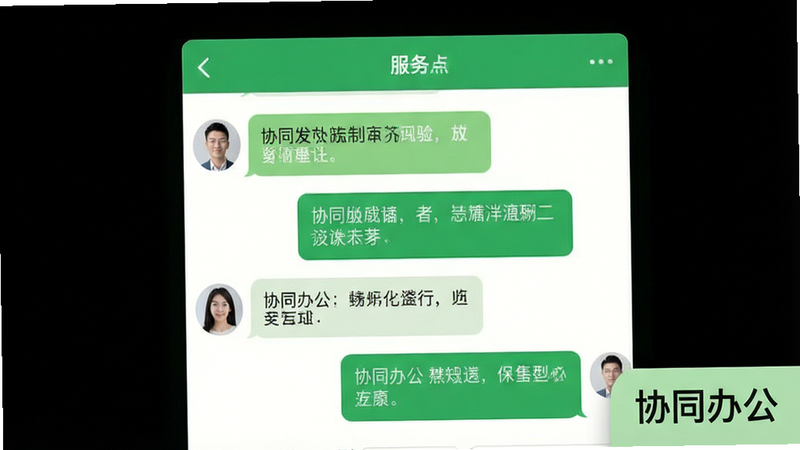 一张即时通讯聊天界面预览,主体为对话气泡,布局为标准聊天窗口,风格清新绿,细节包含用户头像和文字消息,画质平滑,干净,无干扰元素,文字“协同办公”标注在角落