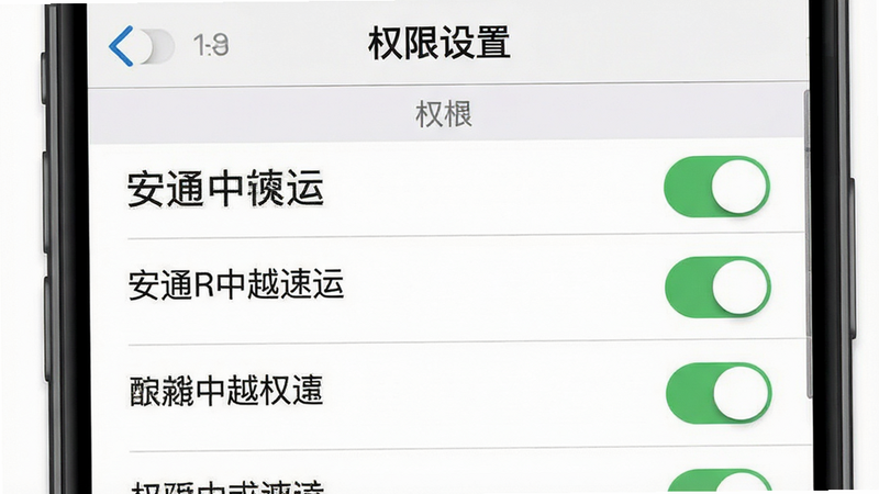 一张手机设置权限界面示意图,主体为“安通中越速运”权限管理页,布局为列表形式,风格系统原生灰,细节包含开关按钮和权限名称,画质清晰,干净,无多余图标,文字“权限设置”清晰可见