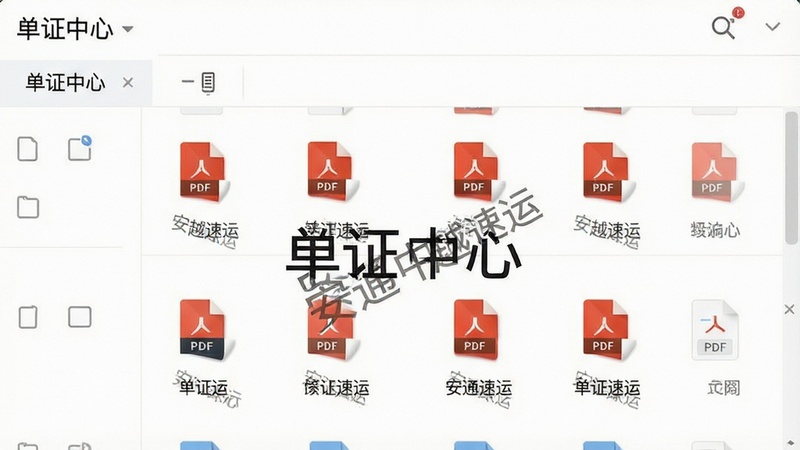 一张电子文档管理界面图,主体为文件列表,布局为网格状图标,风格极简白,细节包含PDF图标和“安通中越速运”水印,画质细腻,干净,无杂乱背景,文字“单证中心”清晰