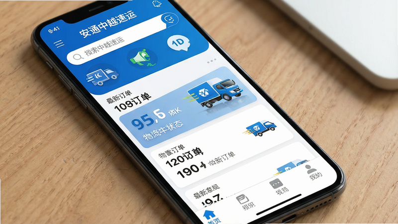 一张高清手机应用界面展示图,主体为“安通中越速运”APP首页,布局清晰,顶部显示搜索栏和物流状态图标,中部列出最新订单卡片,底部为导航菜单,风格现代简约,色彩以科技蓝和白色为主,细节包含清晰的数字字体和物流车辆图标,画质8k,干净无多余元素,文字“安通中越速运”清晰可见